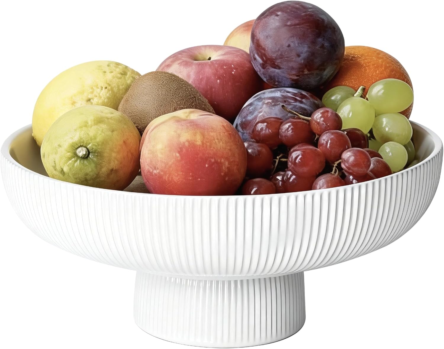 10 Inch Modern Ceramic Fruit Bowl with Removable Draining Base and Pedestal Stand for Kitchen, Dining Table, and Counter Decor (White Stripe)