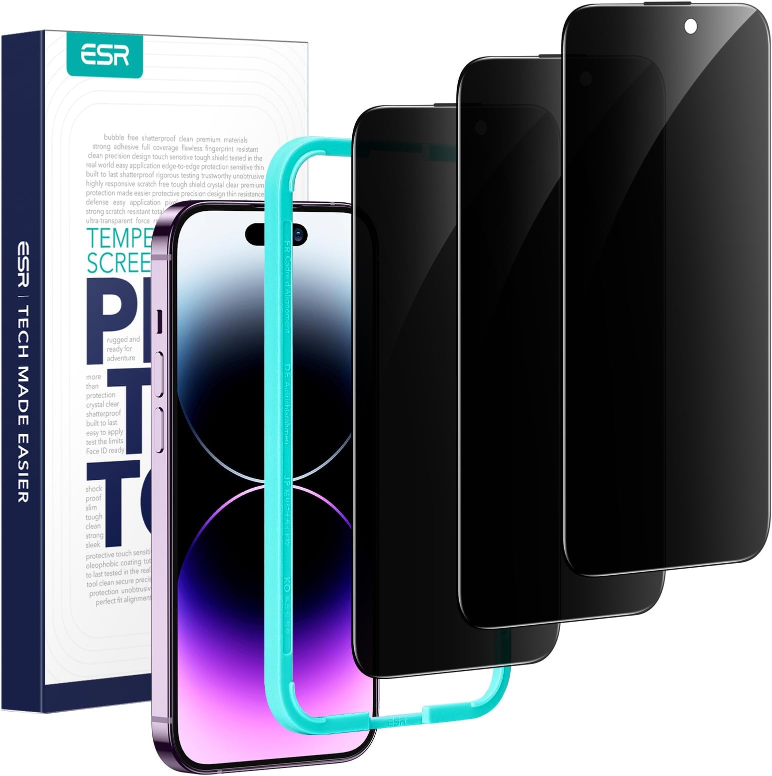 ESR Anti-Spy Tempered Glass for iPhone 14 Pro, Easy Installation Frame, Ultra Resistant, Screen Protector, Anti-Scratch, Military Protection, Pack of 3