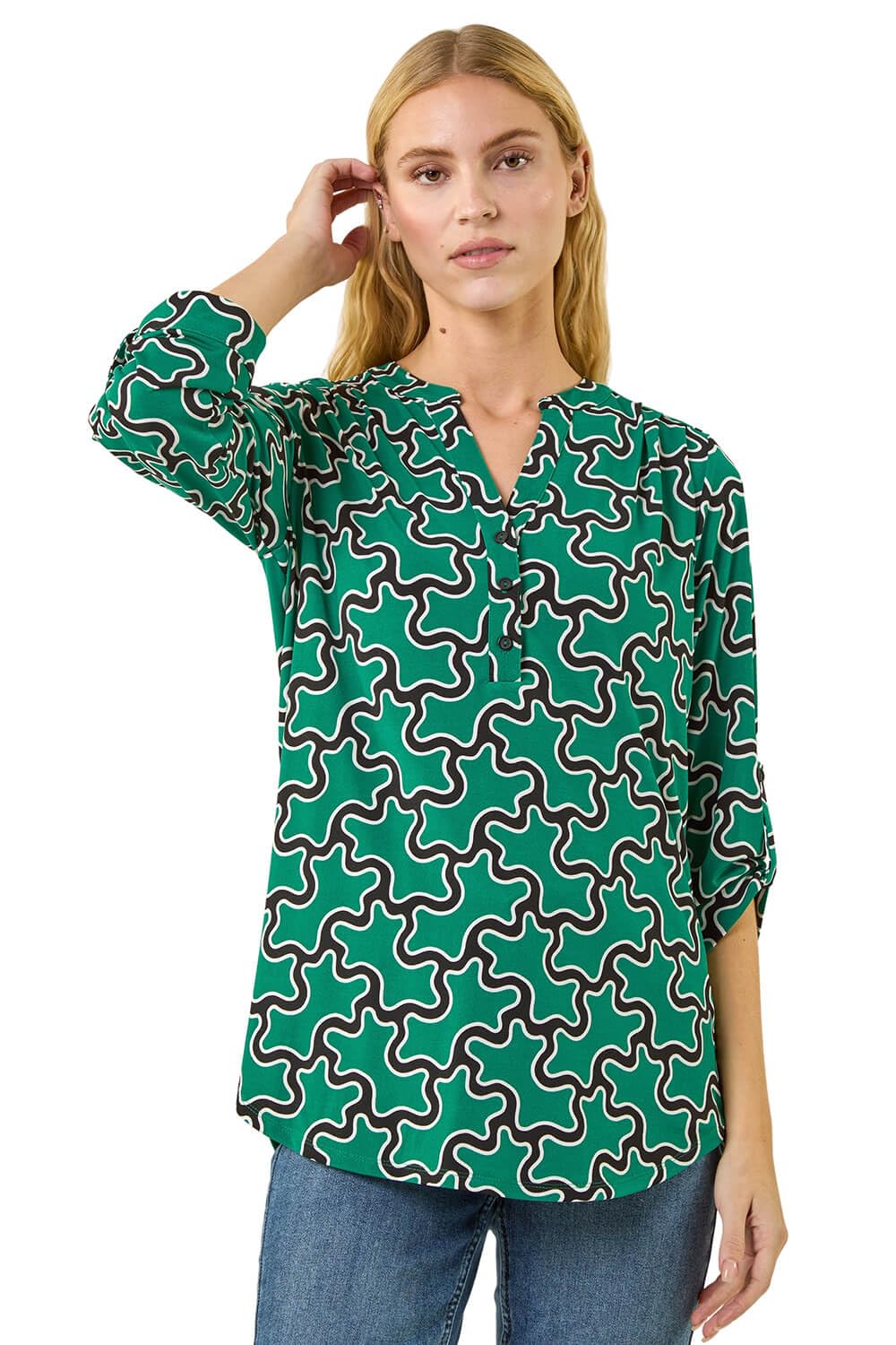 Roman Originals Women's Abstract Green Roman Shirt For Uk Top Collarless Blouse Stretchy Tunic Smart Casual Autumn Winter Jersey 3/4 Length Sleeve Notch V Neck Flattering Office Work - Size 16