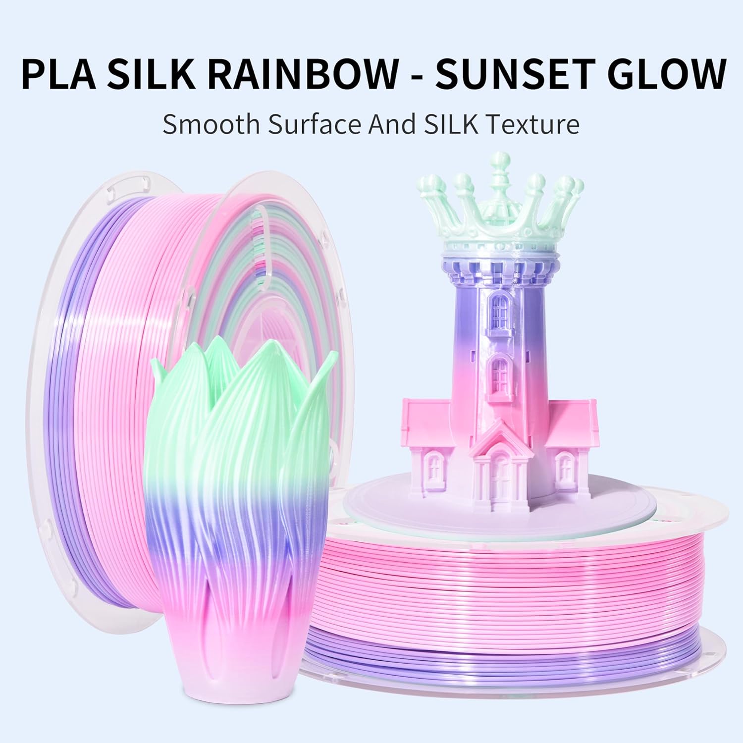 RAMBERY 3D Printer Filament 1.75mm Silk Rainbow PLA Filament Fast Color Change Multi-Color 3D Printing Filament, Pink Purple Mint Green, 1kg(2.2lbs) - Image 5