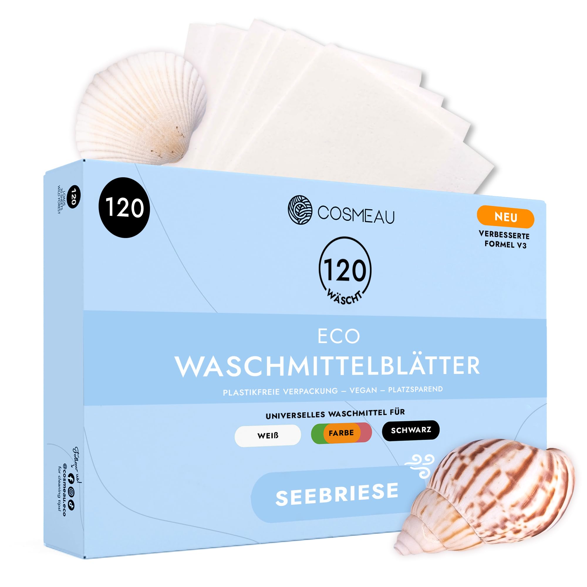Cosmeau Waschmittel Blätter Meeresbrise – bis zu 120 Waschgänge (120 Blätter) – Nachhaltiges Waschmittel für Weiß, Farbe und Schwarz – Abbaubar & Perfektes Reisewaschmittel