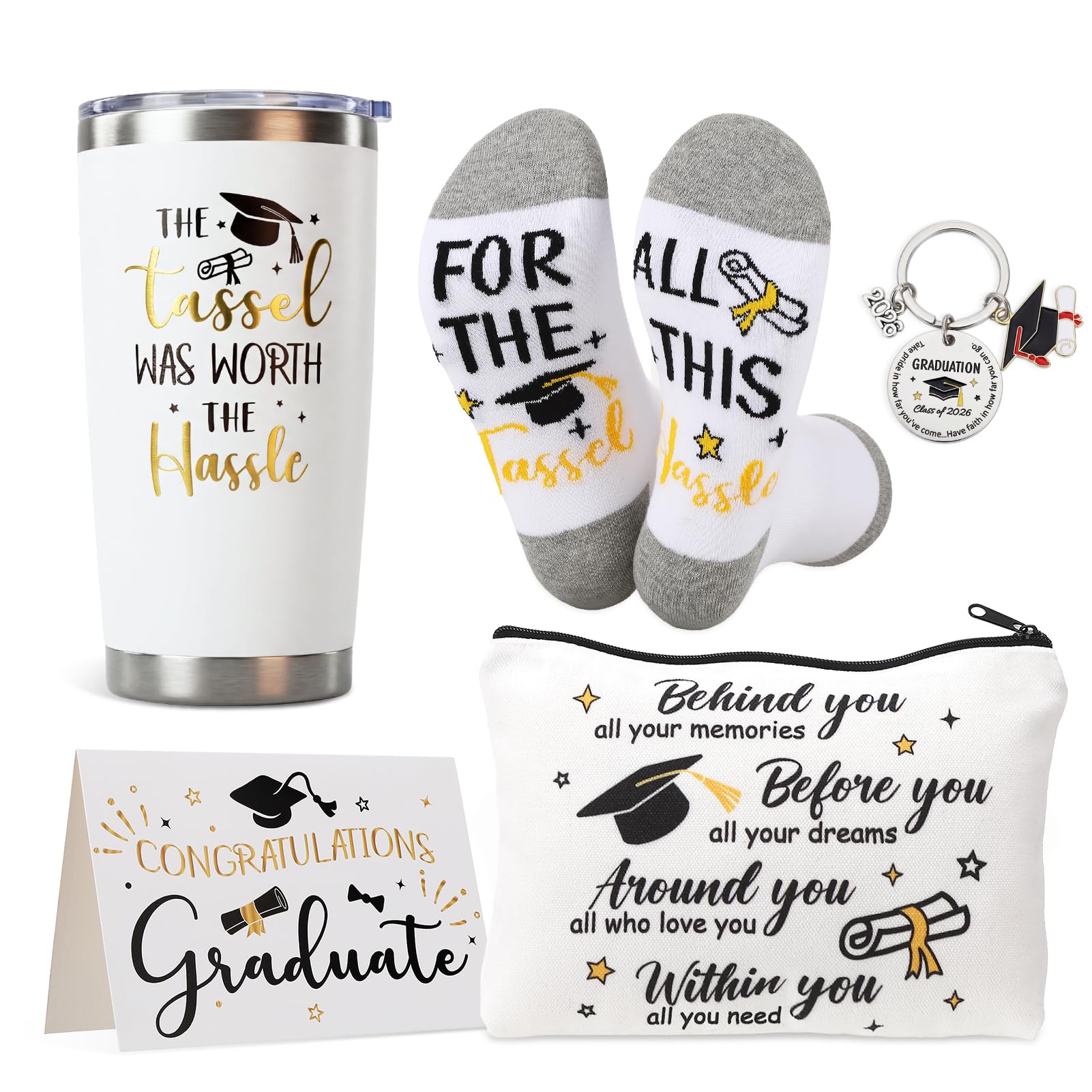 saerryor College Graduation Gifts for Her Him,Leaving Gifts for Daughter Granddaughter Sister Best Friend Graduate,Personalized Tumbler Congratulations Makeup Bag Keyring Socks for Women