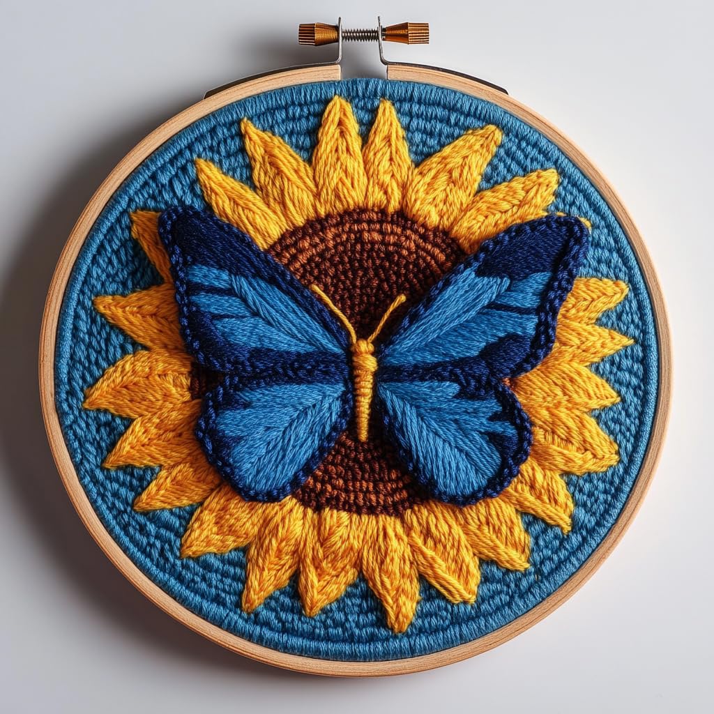 DIY Punch Needle Kits A Butterfly On Sunflower Easy for Beginners Punch Needle Yarn Starter Embroidery Set for Craft Lovers with Hoop for Home Decor 20x20cm