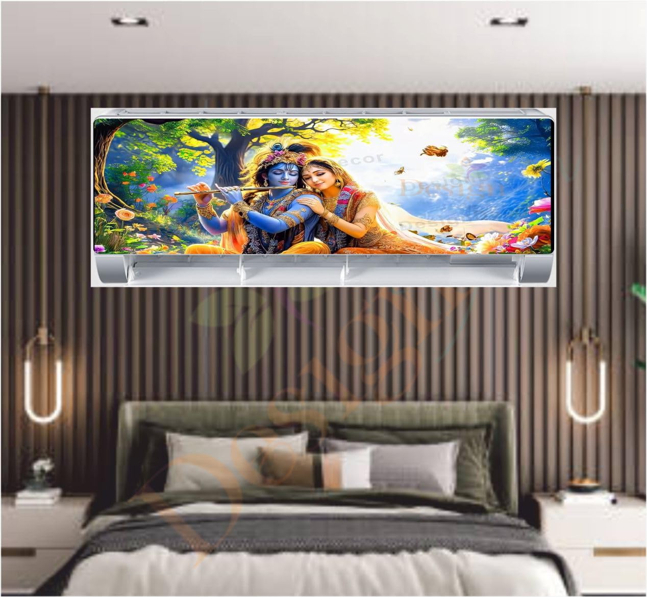 DesignDecor Radha Krishna AC Cover Sticker for Split Ac Decorative Air Conditioner Vinyl Sticker | Waterproof Self Adhesive for Bedroom, Living Room & Home Décor | 38 x 12 Inch (Radha Krishna 2)-image-1
