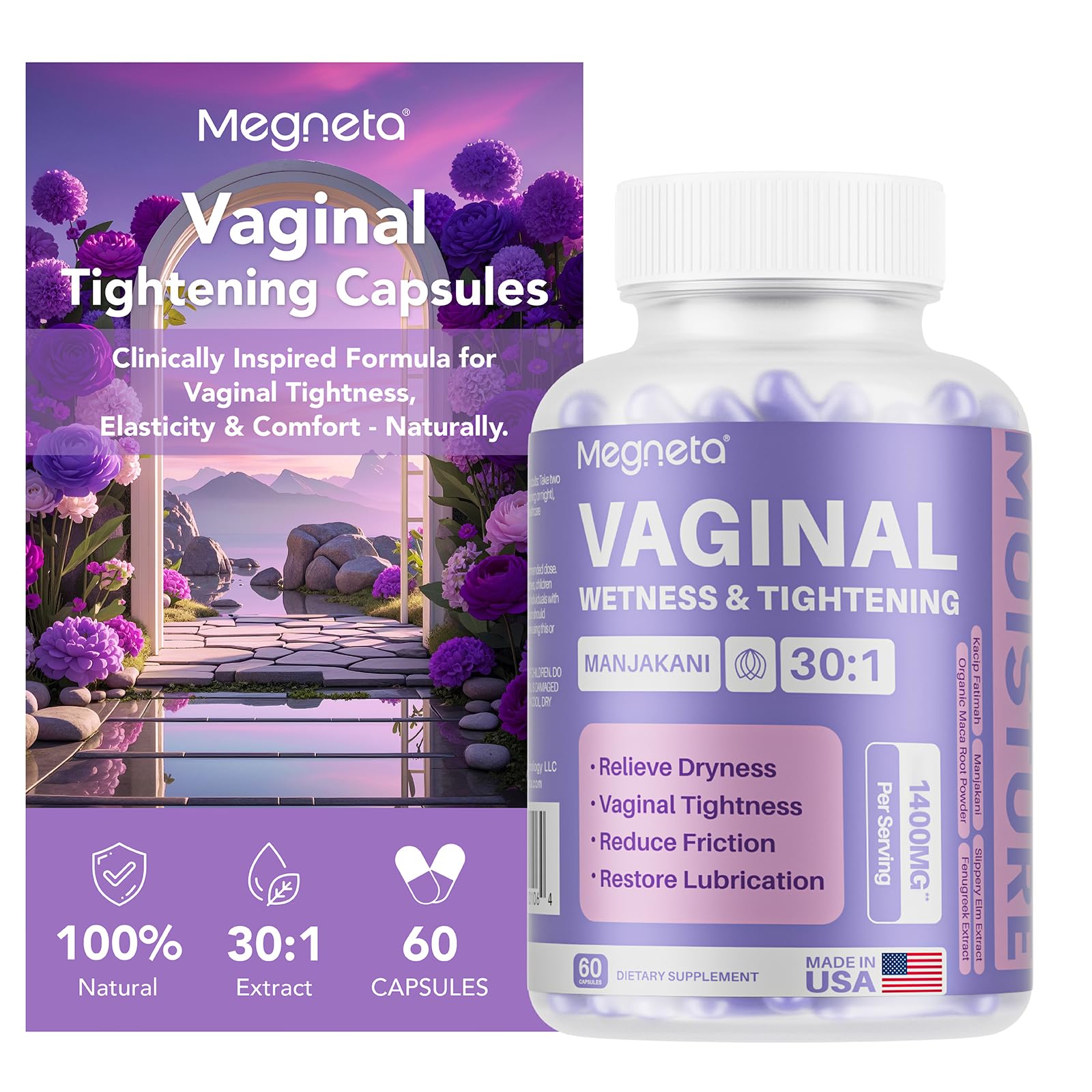 Vaginal Tightening Capsules for Women – Kacip Fatimah, Manjakani & Slippery Elm – Support Elasticity, pH Balance & Intimate Dryness Relief – 60 Vegan Capsules