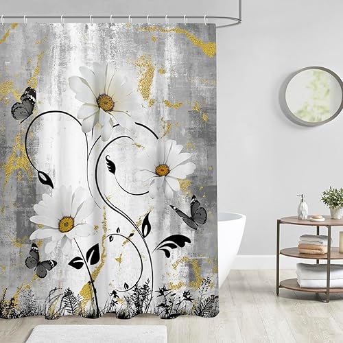 Miniatura 2 de AAtter Cortina de ducha con flores florales negras y doradas, margaritas blancas, grises, mariposas, amarillo, mostaza, hojas abstractas, plantas
