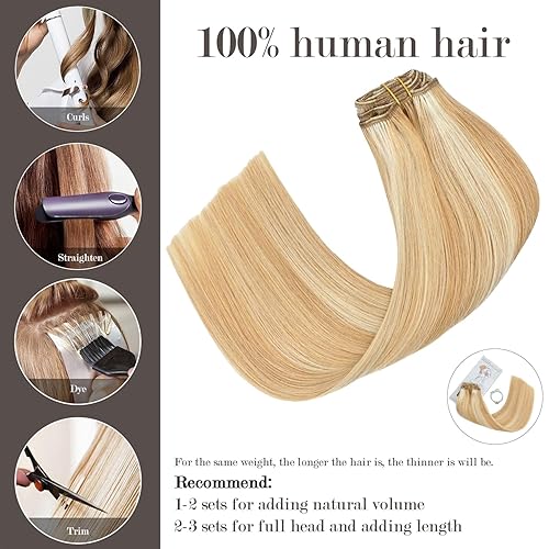 Miniatura 2 de Honsoo Extensiones de cabello humano real de color rubio miel a rubio decolorado, 18 pulgadas, 2.47 onzas, 7 unidades, invisibles, sin costuras, se