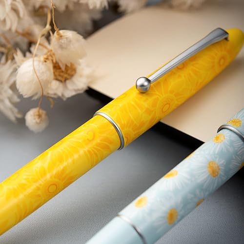 Miniatura 7 de Hongdian C3 - Pluma estilográfica, punta fina de iridio suave, talla de nudo chino, diseño de pintura de girasol amarillo brillante con caja de metal