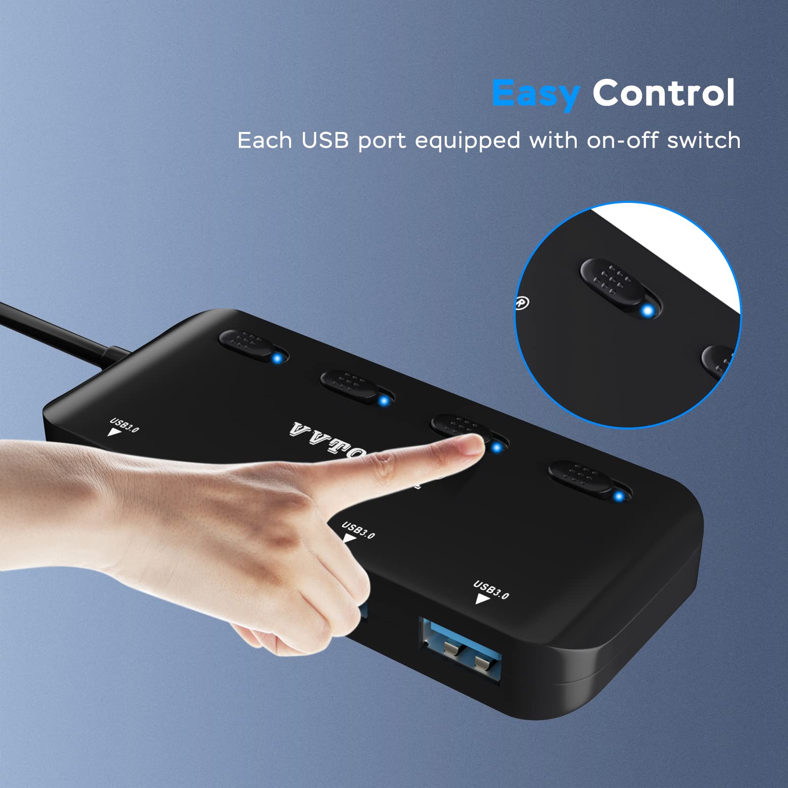 Adapter do koncentratora USB 3.0, 4 porty USB Extender Hub do laptopa, adapter wielu portów USB z indywidualnymi przełącznikami zasilania