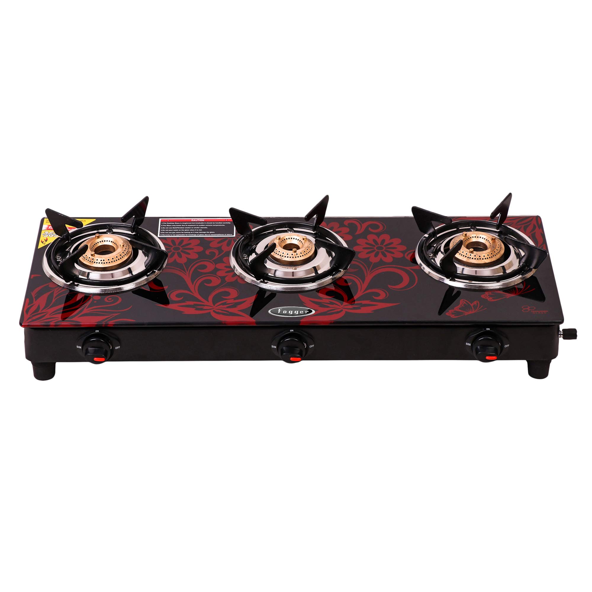 Fogger Digital Red Glass Top 3 Burner Gas Stove with 1.5 Metre Hose Pipe, ISI Approved