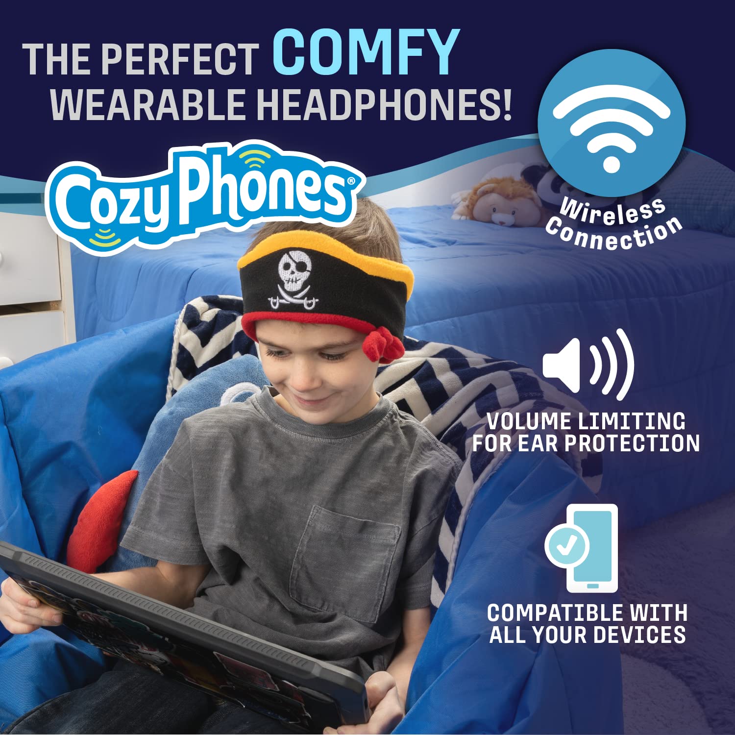 CozyPhones Kids Headphones, Headband Earphones for Children Baby & Toddlers 1-3, Stretchy & Comfy Travel Accessories - Wireless - Pirate 1