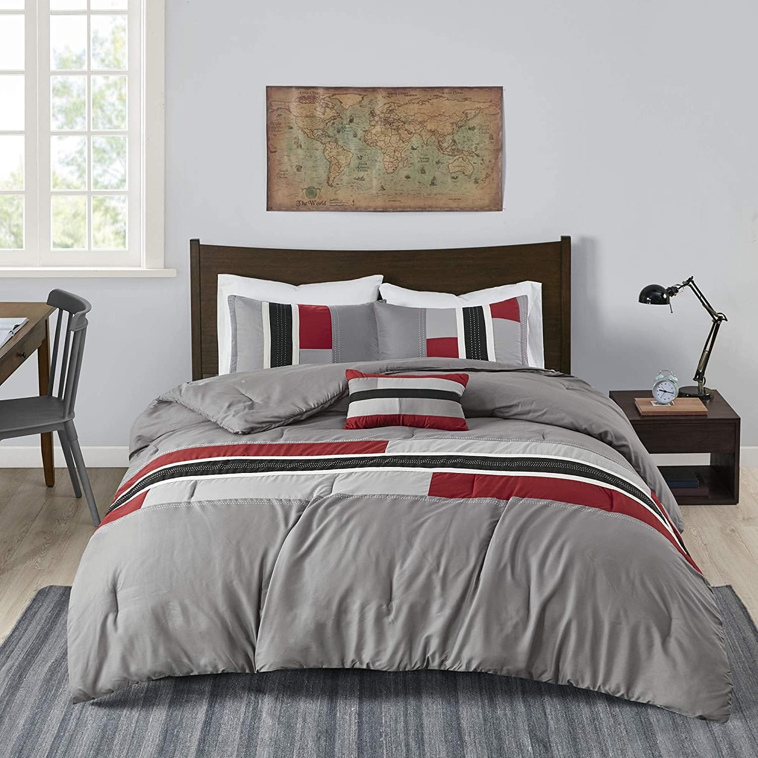 Mi Zone Cozy Comforter Set Geometric Stripes Vibrant Color Design All Season Bedding Matching Shams, Decorative Pillow, Twin/Twin XL, Red/Grey, 3 Piece