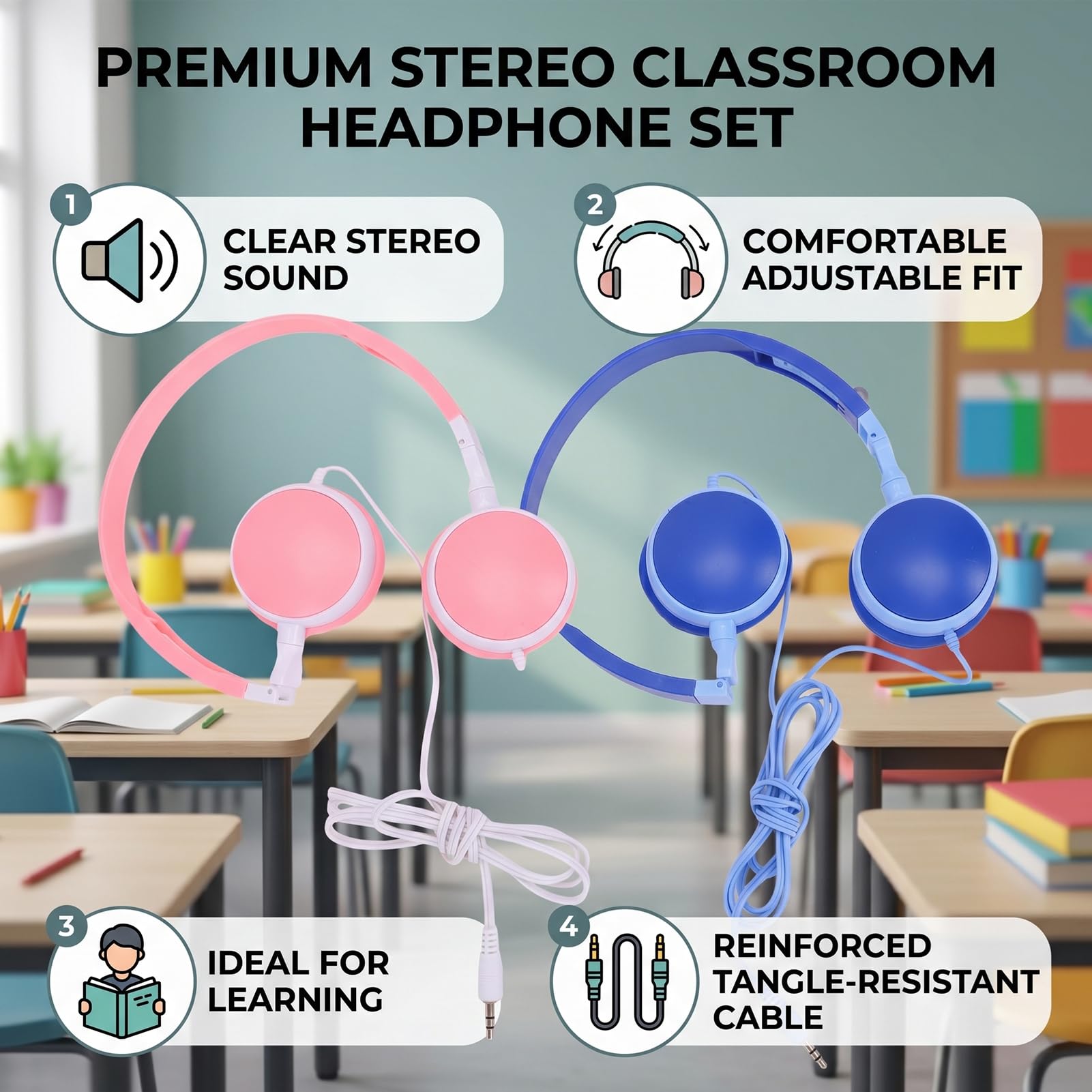 AMONIDA Cuffie per Bambini Confezione da 12, Cuffie con Cavo da 3,5 Mm, Archetto Regolabile, Morbido Cuscino, Suono Stereo per Viaggi con Laptop in Aula Scolastica