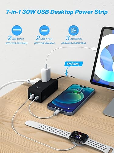 Miniatura 3 de BSEED Regleta de alimentación con USB, extensión de 3 tomas de corriente, 3 puertos USB, protector de sobretensión, estación de carga de escritorio