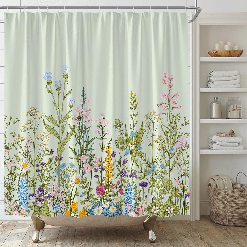 Vintage Herbs Botanical Shower Curtain Sage Green Boho Floral Plant Flowers Rustic Farmhouse Nature Garden Fabric Bathroom Decor Set with Hooks,(70" Wx74.8 H)