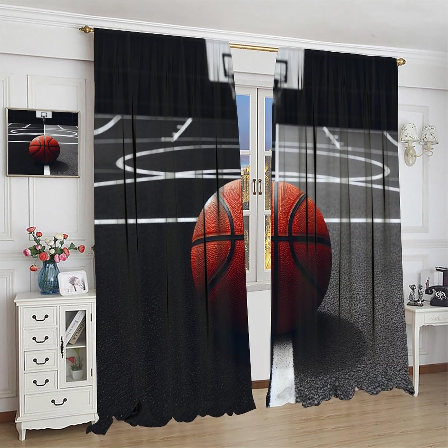 Basketball Kids Sports Curtains Black Basketball Court Sports Competitions Window Treatments for Kids Boys Teens Bedroom Living Room Sports Decor Window Drapes 42" W X 54" L