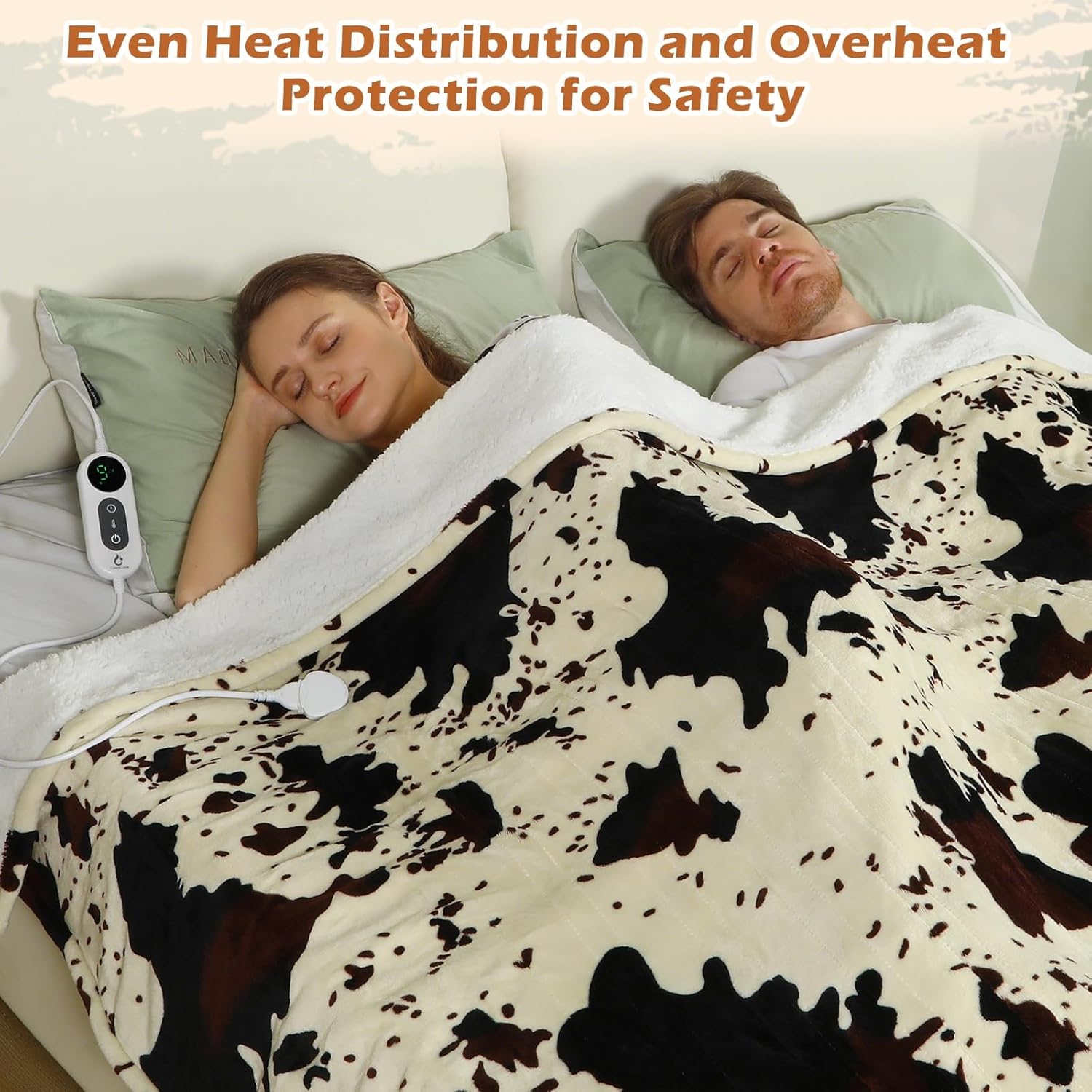 Heated Twin Blanket, 60"x80" Cow Print Electric Twin Heating Blanket, Cozy Soft Flannel Sherpa Heating Blankets with 9 Heat Levels & 2/4/8/12H Auto-Off - Image 6