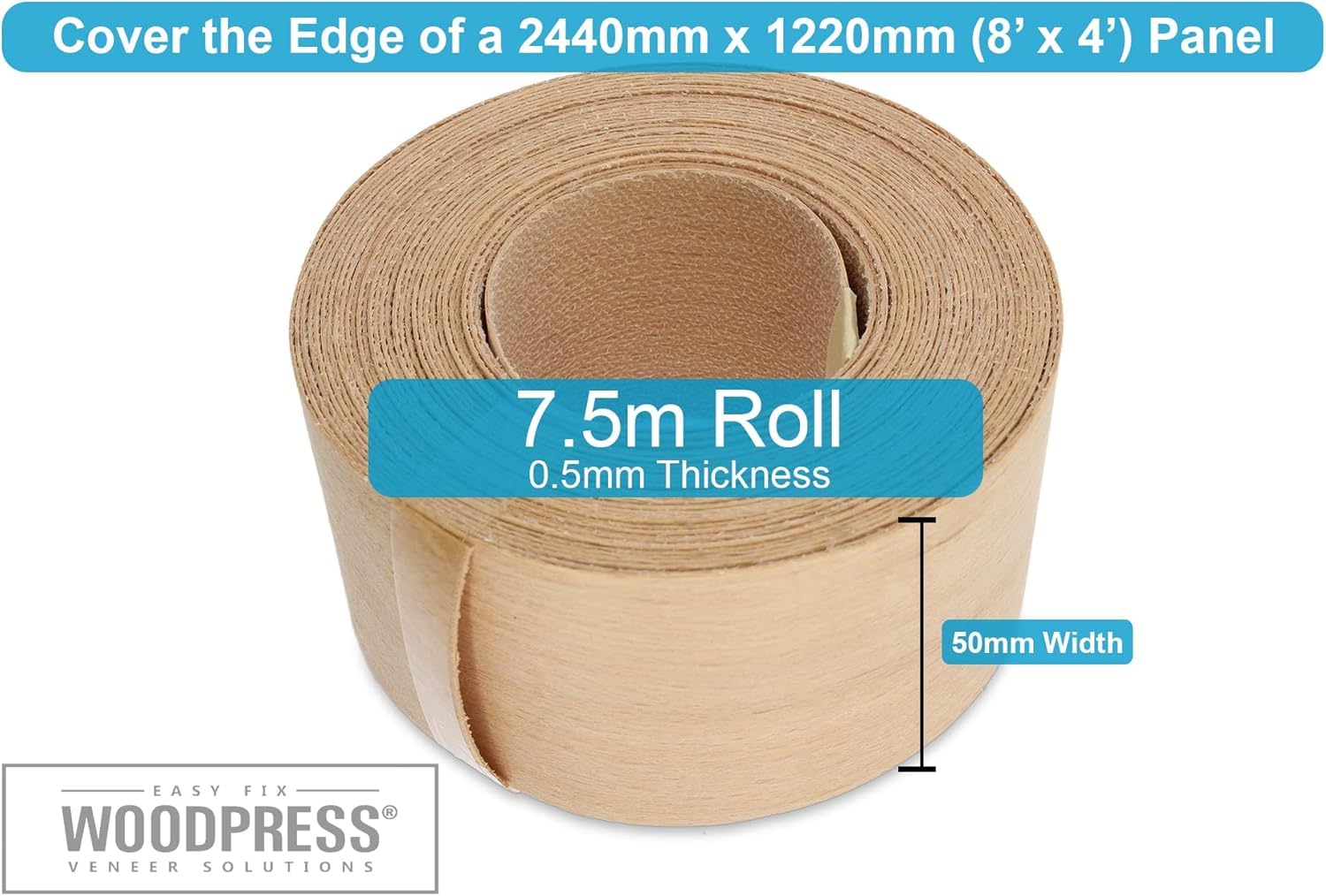 50mm Beech Veneer Edging - 7.5m Roll - Pre-Glued Iron-On Real Wood Edging Tape for Easy DIY Application