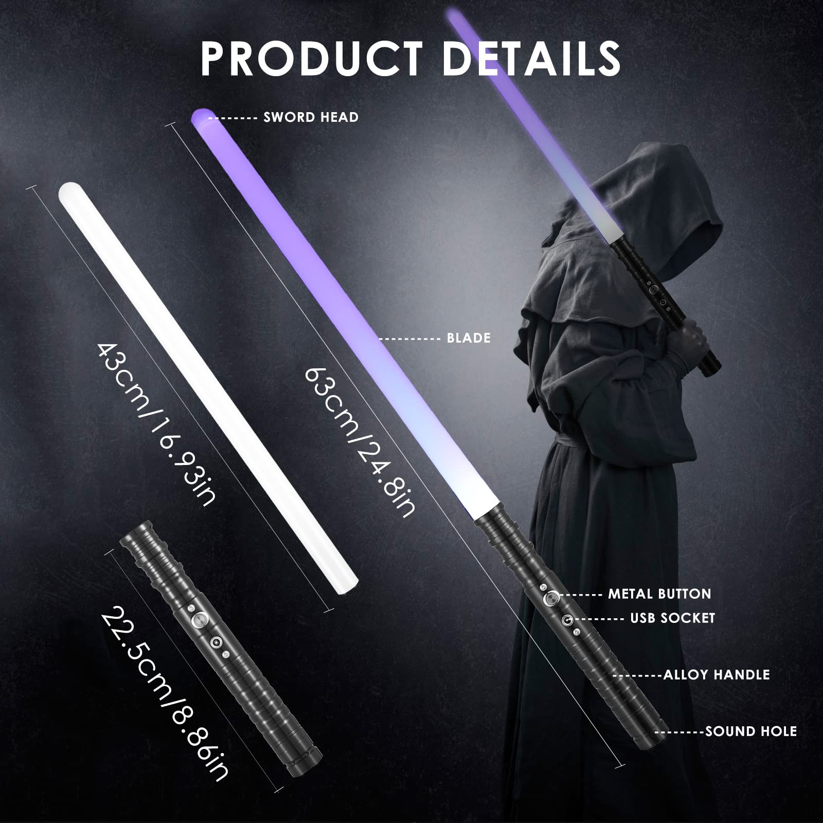 Sabre laser avec effet sonore RGB 7 couleurs Épée lumineuse FX interchangeable 63 cm de long Rechargeable Épée lumineuse portable Épée jouet avec poignée en métal pour enfants, adultes, déguisement
