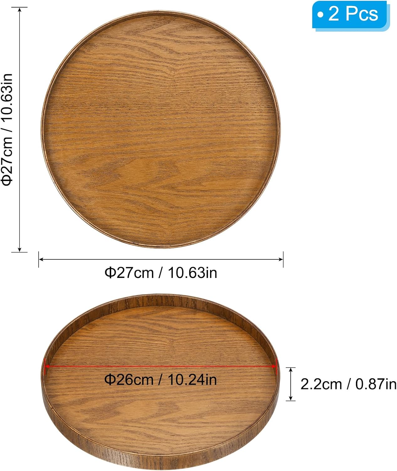 PATIKIL Wood Serving Tray 11 Inch, 2 Pack Round Decorative Platter for Home Decor Kitchen Table Candle Holder, Brown