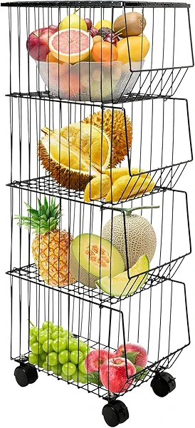 RENFANSHOP 4-Tier Fruit Basket Stand, Fruit Basket with Wheels, Stackable Metal Storage Carts for Kitchen Pantry