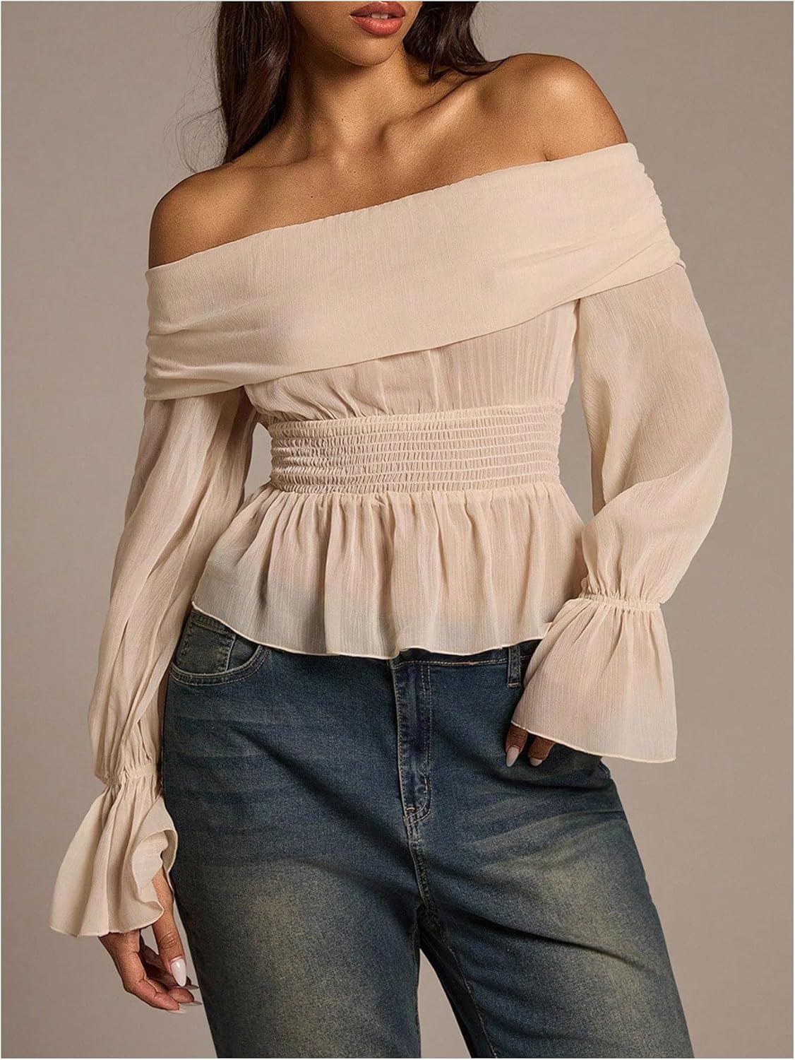 OYOANGLE Women's Off The Shoulder Bishop Blouse Long Sleeve Chiffon Shirred Ruffle Peplum Top - Image 2