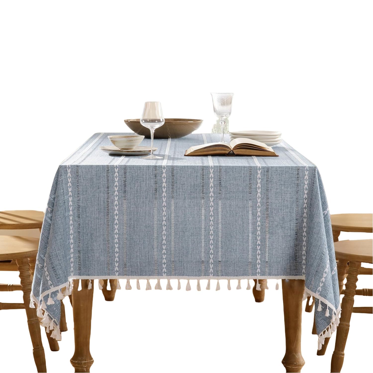 Nappe brodée bleu gris en imitation coton lin 100x140cm