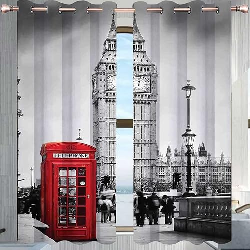Miniatura 3 de London - Cortinas aisladas de 2 paneles de cortinas rojas y grises para guardería (55 pulgadas de ancho x 55 pulgadas de alto)