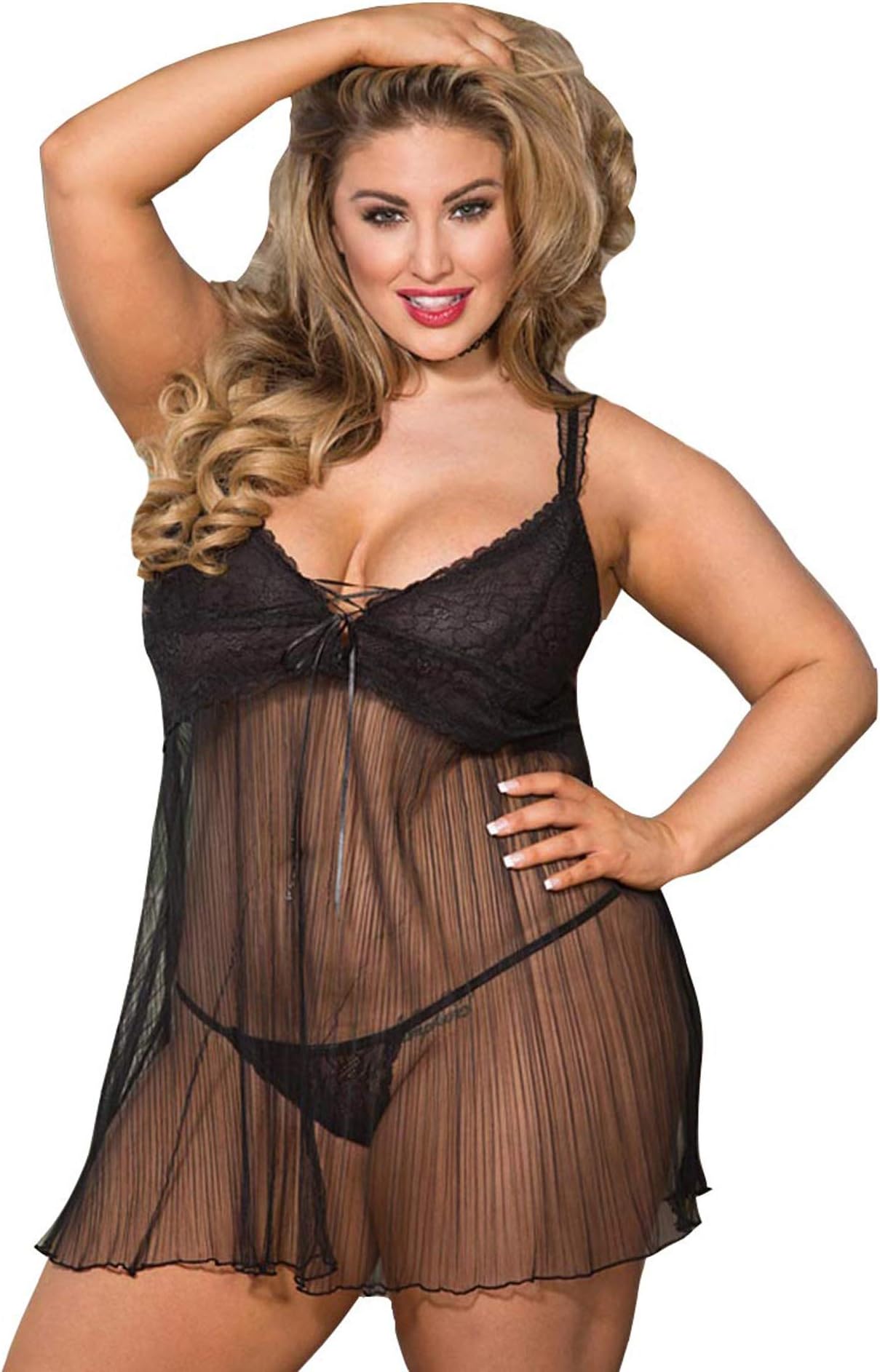 Plus Size BBW Lace and Pleated Net Babydoll Lingerie Black