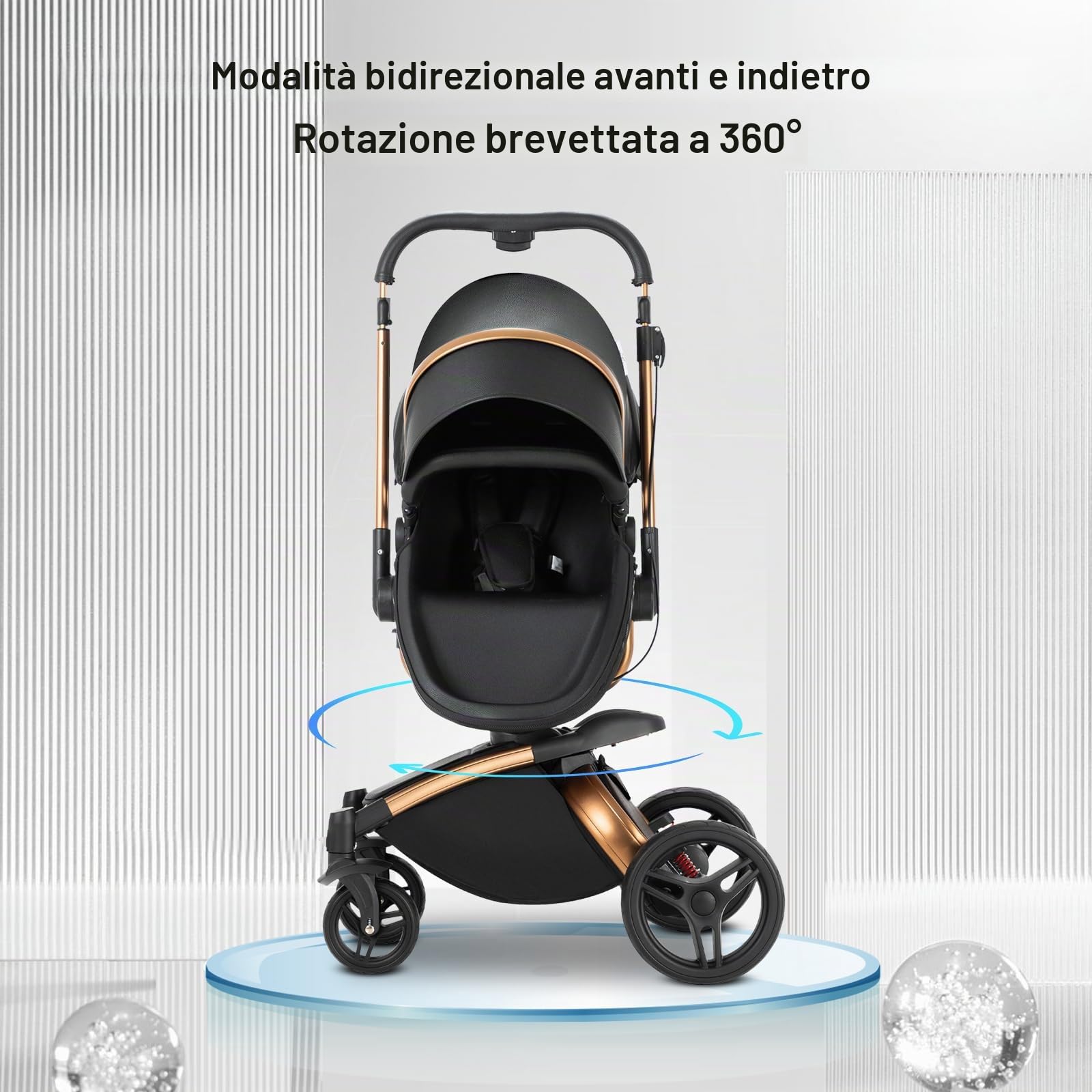Magic ZC 360° Girevole Pelle PU Passeggino Trio 3 in 1 Reversibile a Due Vie per Neonati con Accessori (906 Black)
