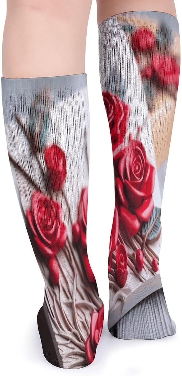 Roses on Wooden Board Crew Socks Cozy Casual Calf Socks Lightweight Long Work Sock Breathable Athletic Sock for Hiking Sports Running 5 Pairs