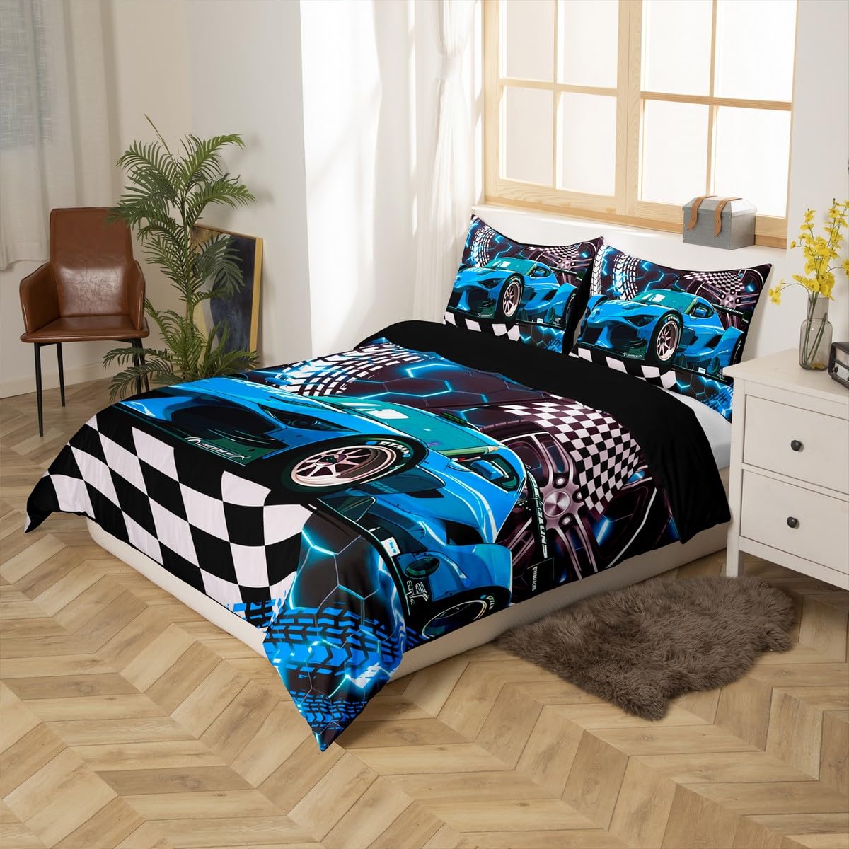 Homewish Set Copripiumino Auto Da Corsa, 155x220 Cm, Per Ragazzi, Blu E Grigio, 2 Pezzi Con Federa