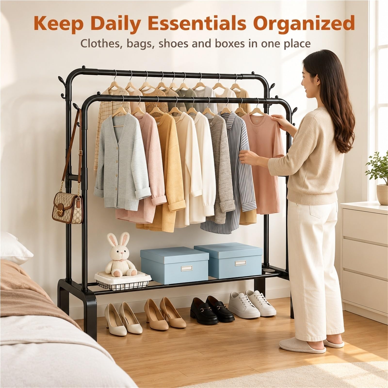 Burro Ropa Resistente, Perchero Burro Doble con Zapatero y 4 Ganchos Laterales, Perchero de Pie en Metal Negro, Carga 90 kg para Dormitorio, Vestidor, Entrada(Black,130cm/51.2 in)