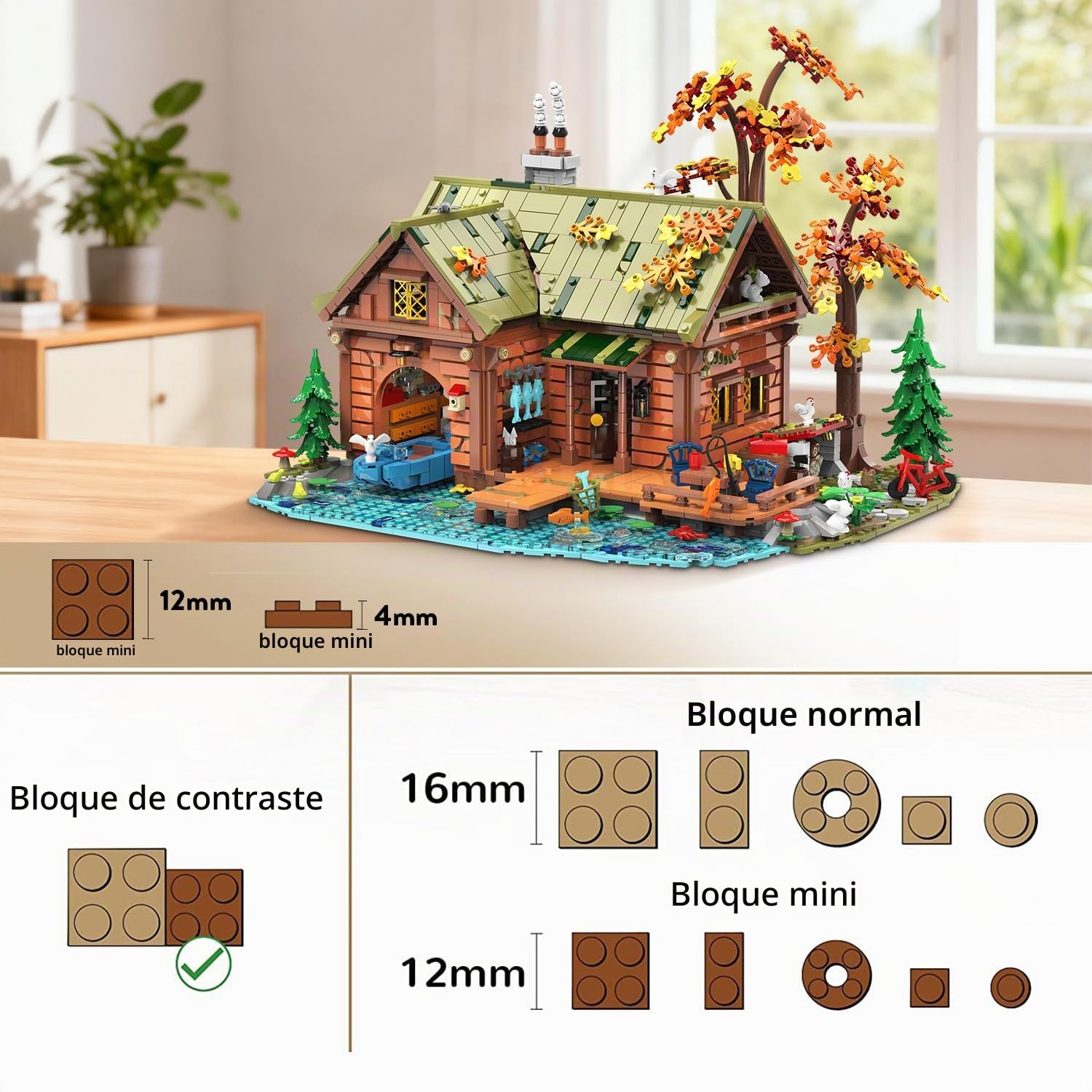 INSOON Juego de construcción de cabina de madera con luz LED, juguete de bloque de construcción de casa de bosque de madera con barco, bicicleta, estanque, animales, modelo de construcción de casa