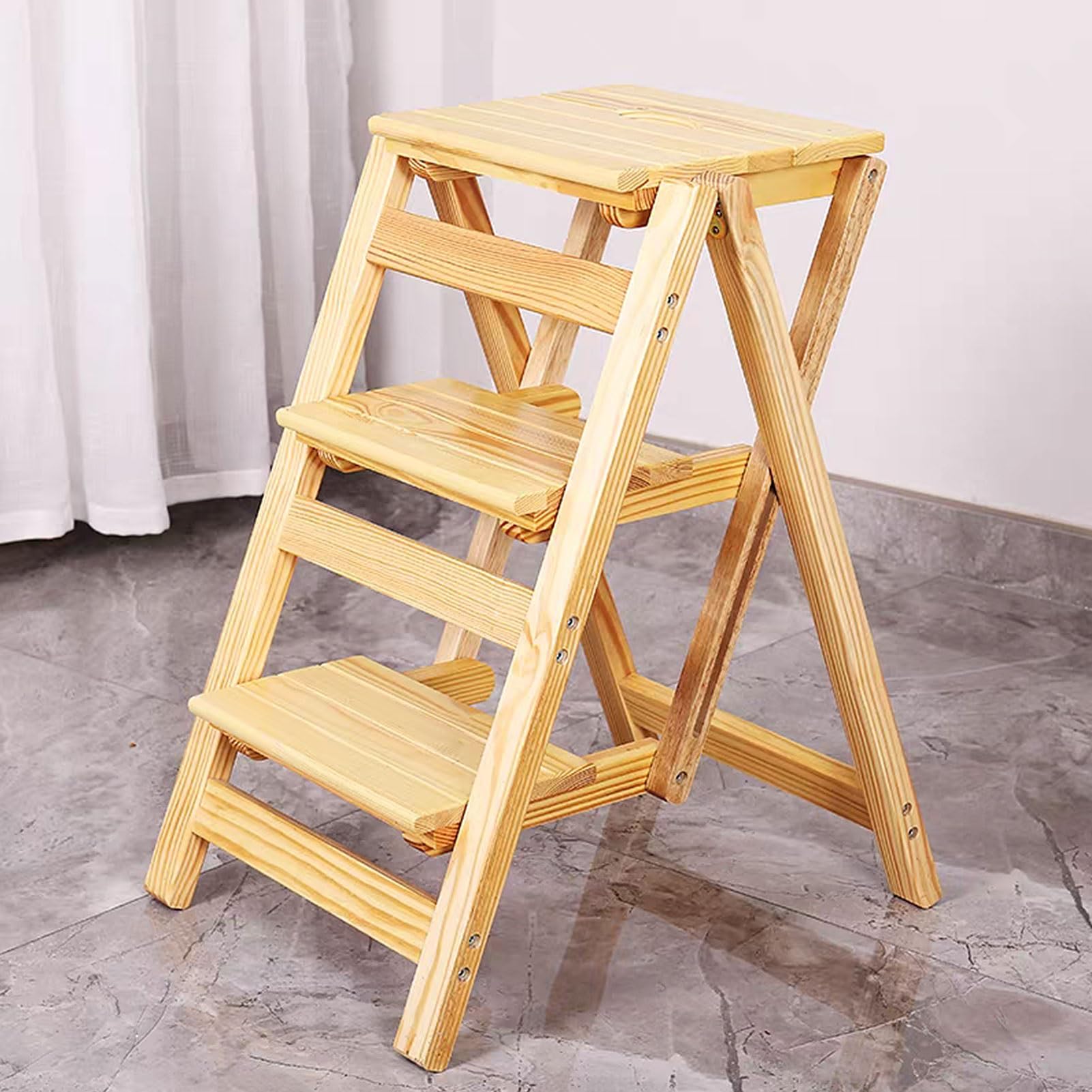 Taburete Escalera Plegable 3 escalones Madera Multifuncal para el hogar la Oficina la Cocina la Biblioteca Seguridad Anslizante Natural.
