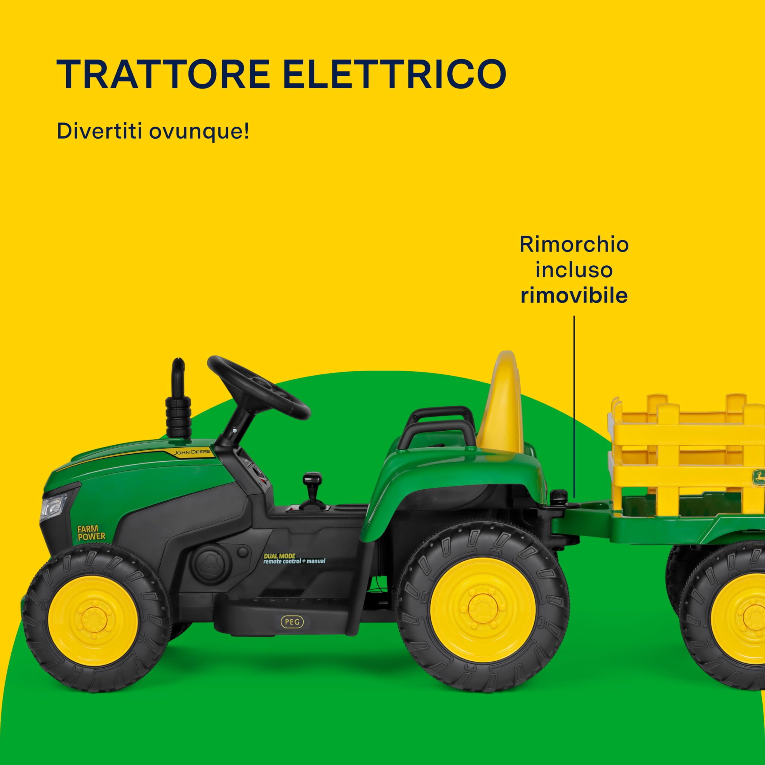 PEG John Deere Farm Power Trattore Elettrico Cavalcabile 12V per Bambini con Telecomando, Guida Manuale, Luci e Suoni, Età 18+ Mesi