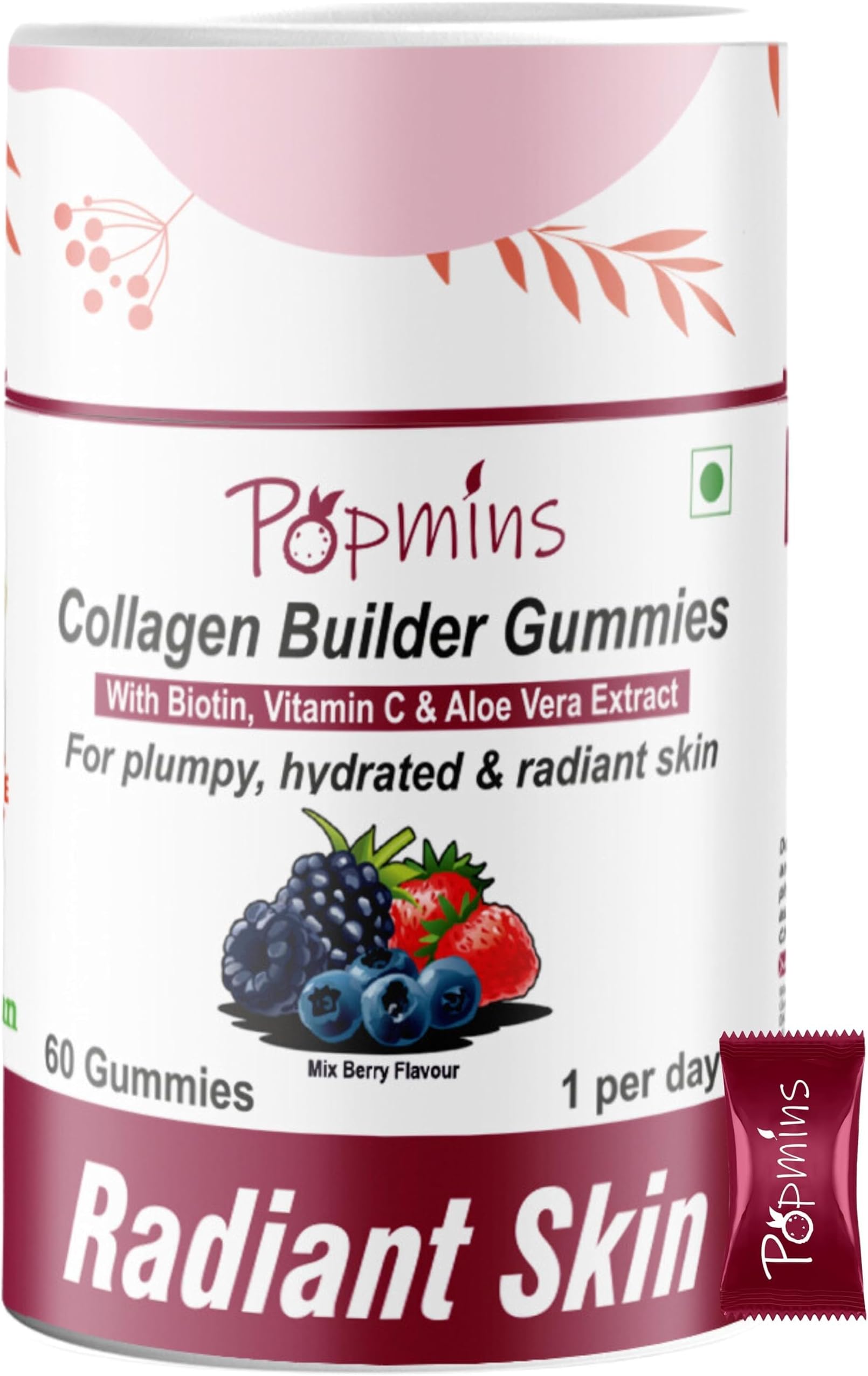 Popmins Collagen & Biotin Gummies for Skin, Collagen Gummies for Women with Skin Collagen Booster - Mixed Berry Flavour, Collagen Builder & Skin Gummies for Improved Elasticity & Tone - 60 Gummies