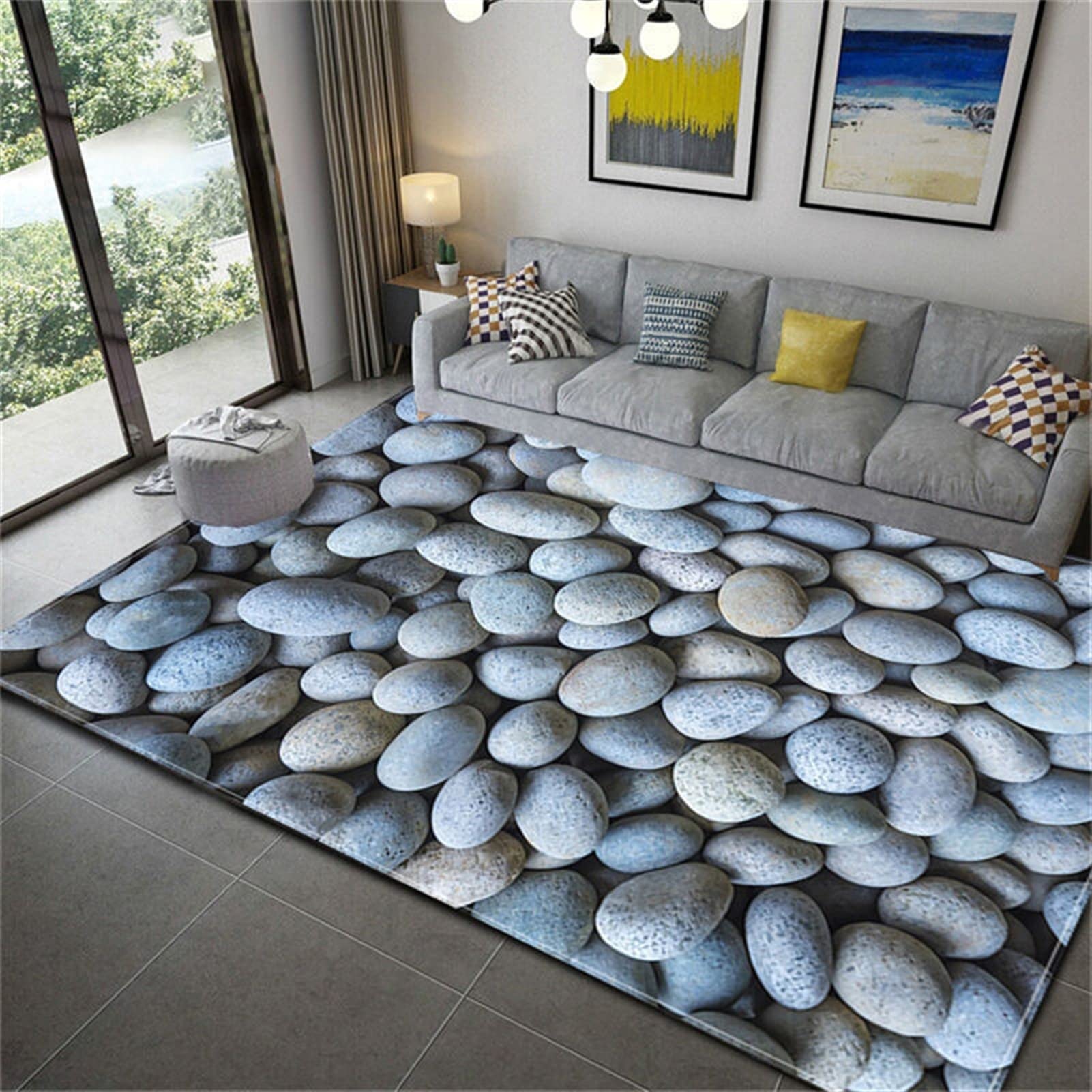 Grand tapis 3D en flanelle imprimé pierre 150x235cm pour salon