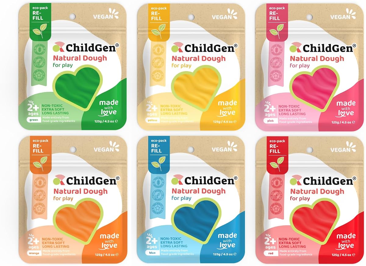 Natural Play Dough Refill Pack, 125g (4.4 oz) – Non-Toxic, Food-Grade Modeling Dough for Kids, Soft Sensory Play, Resealable On-the-Go Pack (Set of 6)