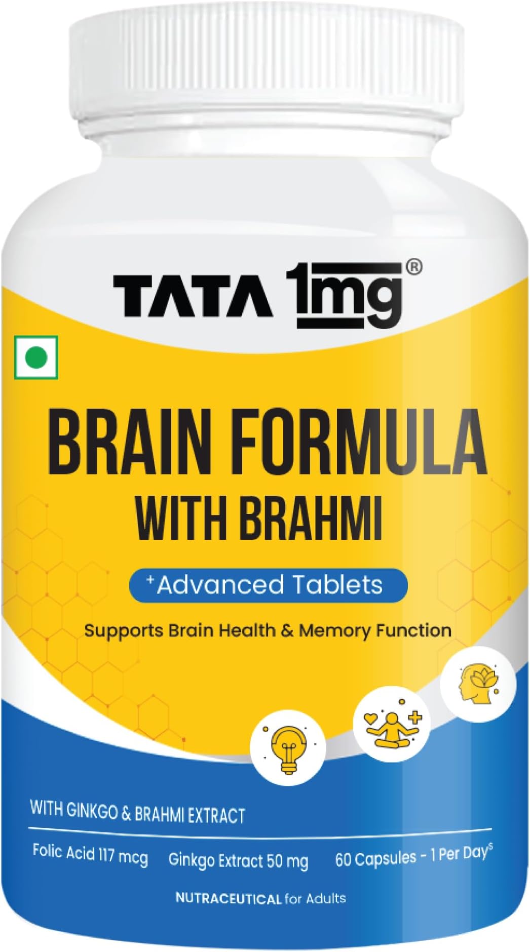1MG Tata Brain Formula With Vitamin B Complex, L-Tyrosine, L-Theanine, Brahmi, Ginkgo And Pine Bark Extract Capsule Helps In Improving Memory And Concentration For Unisex (Pack Of 60 Capsules)