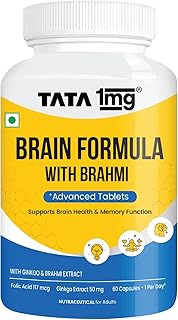 1MG Tata Brain Formula With Vitamin B Complex, L-Tyrosine, L-Theanine, Brahmi, Ginkgo And Pine Bark Extract Capsule Helps In Improving Memory And Concentration For Unisex (Pack Of 60 Capsules)