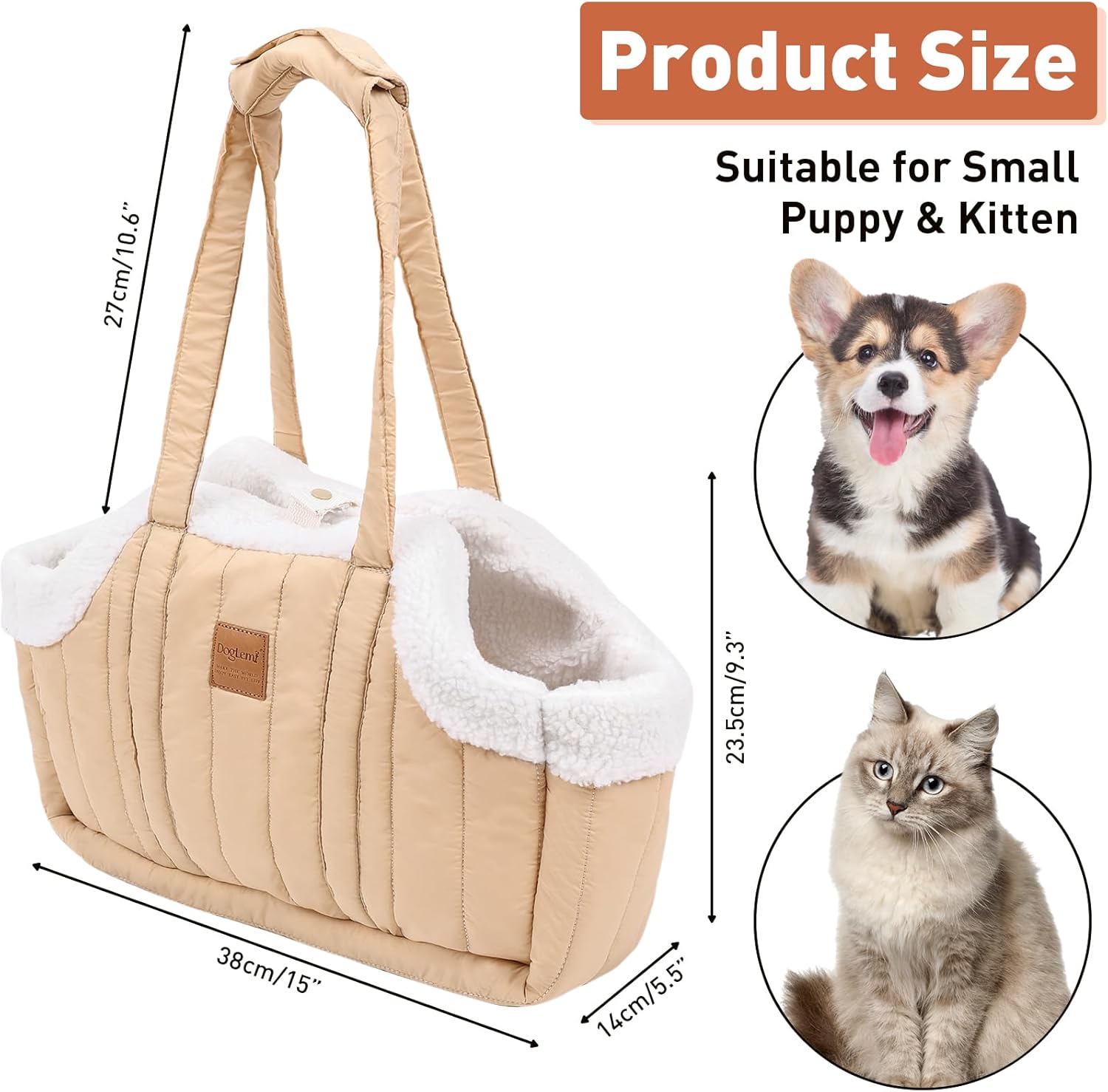 ETIAL Small Dog Carrier Purse, Winter Fleece Warm Dog Tote Bag Carrier with Secure Harness Clip for Puppy Kitten, Waterproof Pet Travel Handbag for Shopping, Hiking and Walking (Beige)