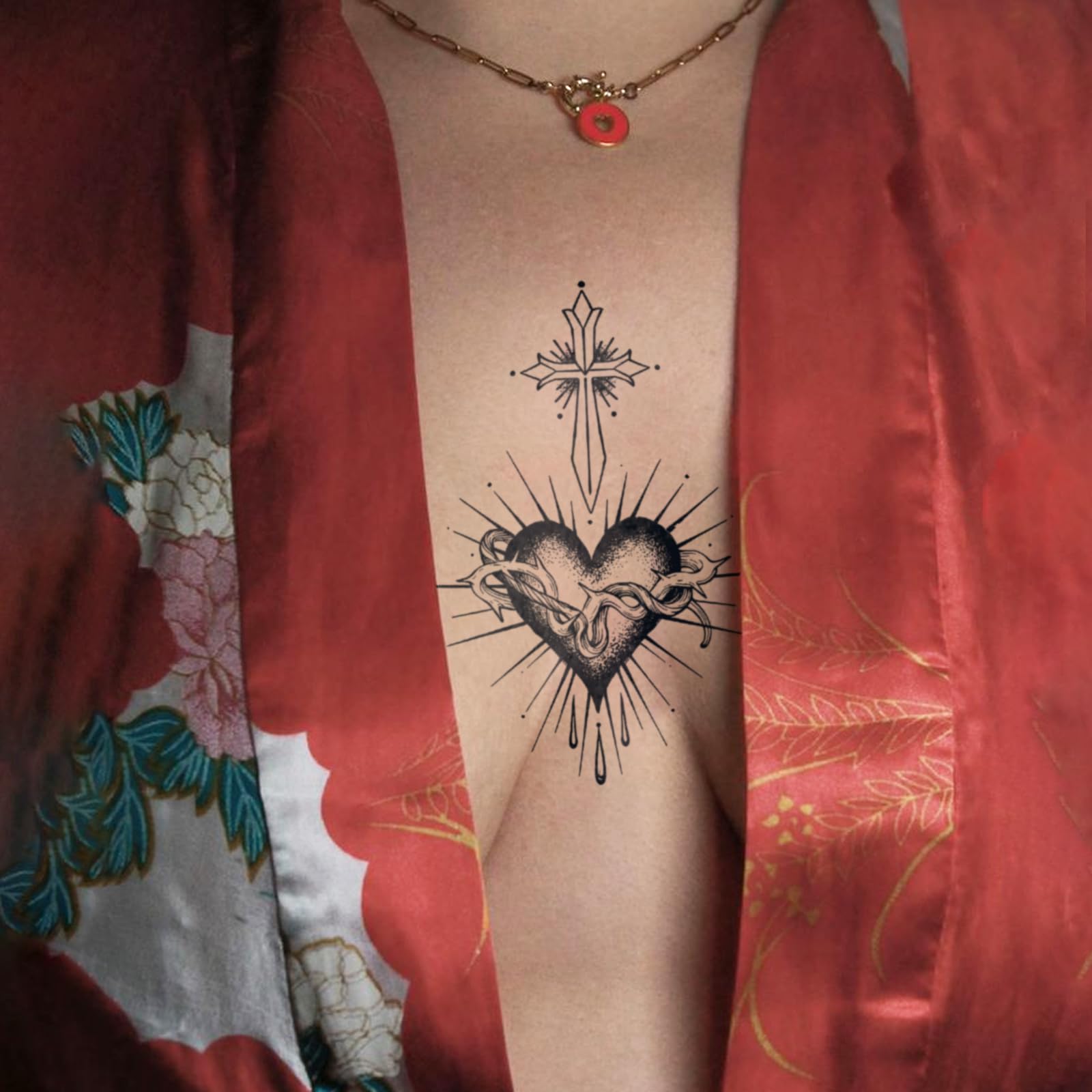 Tattoo Tech, 2 Sheets Large Semi Permanent Tattoo, Lasts 7-15 Days Temporary Tattoos(Flowers with Branches), Waterproof and Non-Reflective, for Arm Thigh Back: Sun Moon & Sacred Heart