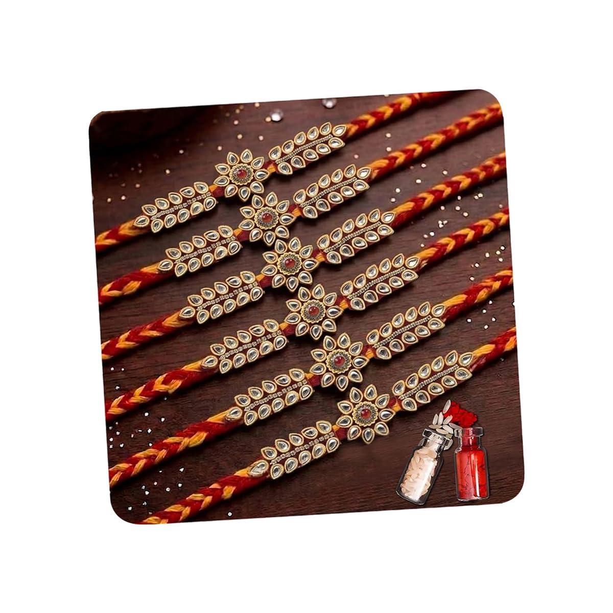 Rakhi Set of 6 for Brother with Gift - Flower Stone Rakhi - Raksha Bandhan Gift for Elder - Younger Brother - Roli Chawal Tilak Pack Designer Rakhis-image-45