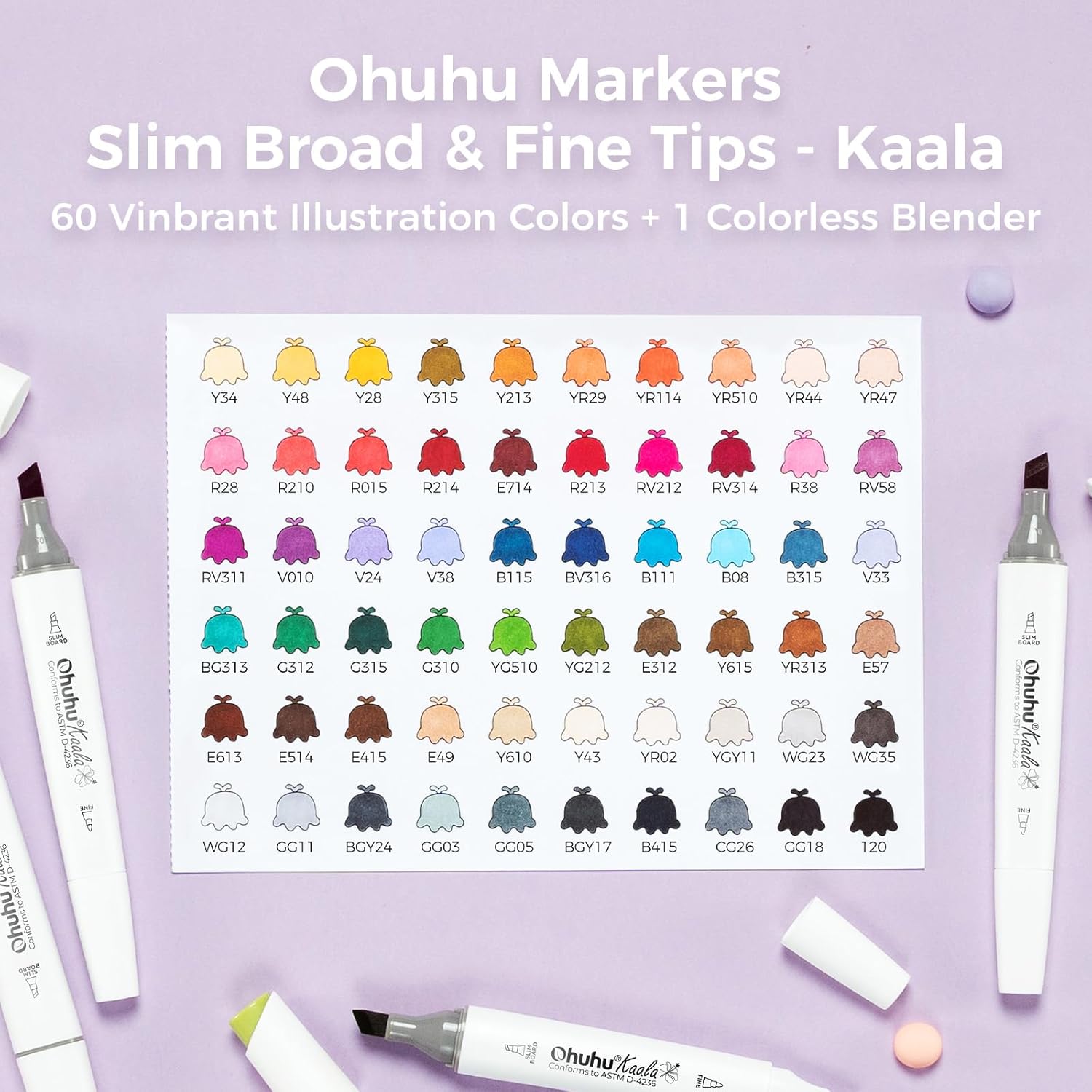 Ohuhu Alcohol Markers: 60 Colors Slim Broad and Fine Double Tipped Kaala Marker for Artists Adults Coloring Drawing Cartoon Anime Comic - Professional Art Pens with Ink Refillable Giftable Pen Set - Image 4