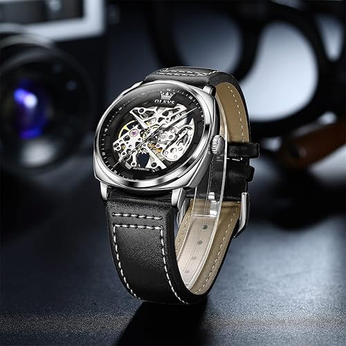 Miniatura 4 de OLEVS Relojes de esqueleto para hombre, reloj clásico de muñeca pequeña con esfera de diamante automático, reloj Tonneau impermeable retro cómodo