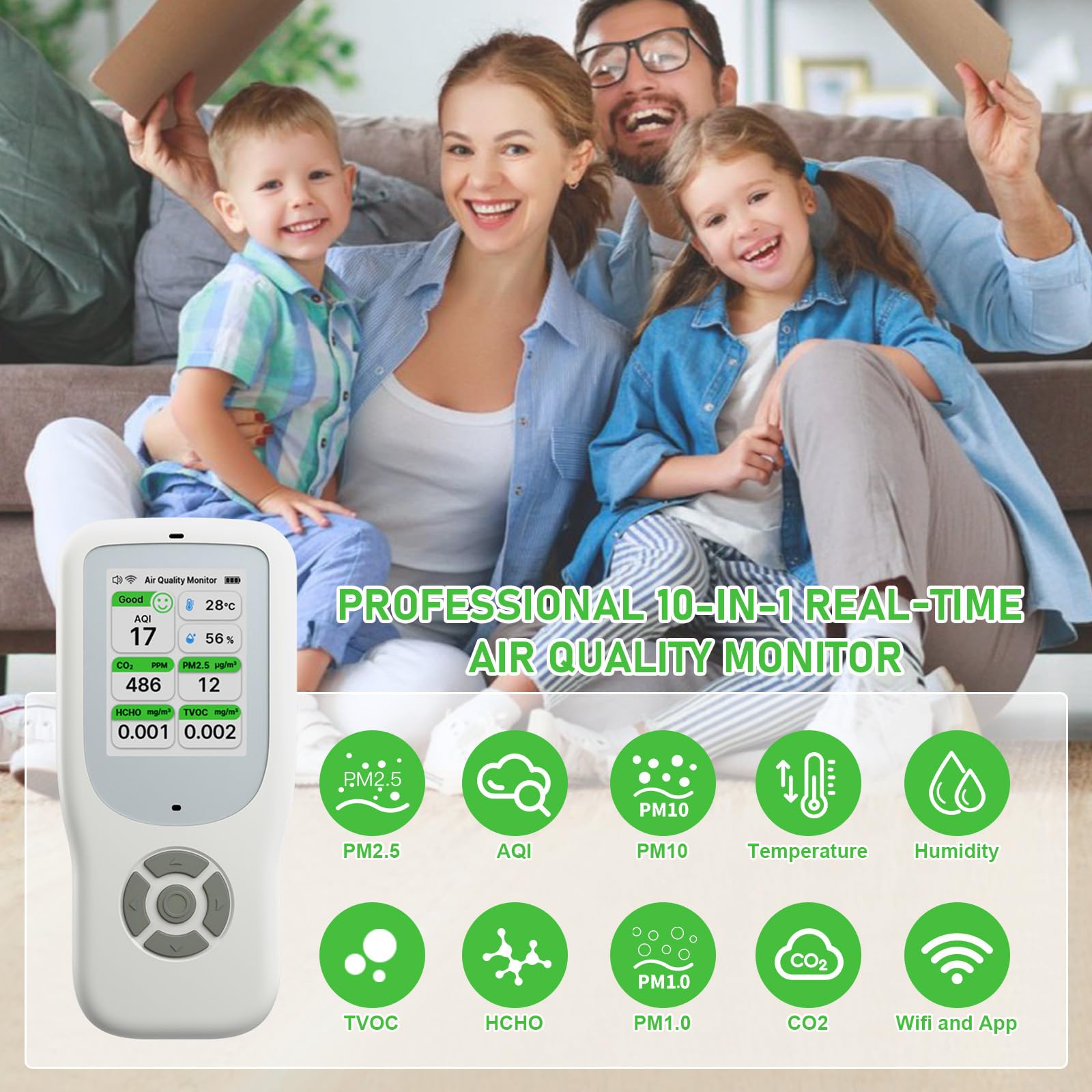10 IN 1 Luftqualität Messgerät Melder, NDIR WiFi Luftqualitätsmonitor mit AQI/CO2/PM1.0/PM2.5/PM10/HCHO/TVOC, Temperatur & Luftfeuchtigkeit, Tragbar Formaldehyd-Detektor mit Smart APP für Haus Büro