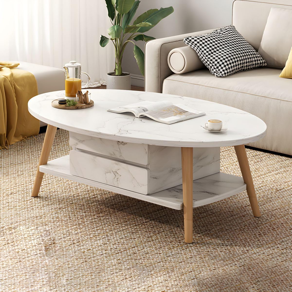 Table basse ovale blanche moderne en laque brillante avec étagère basse