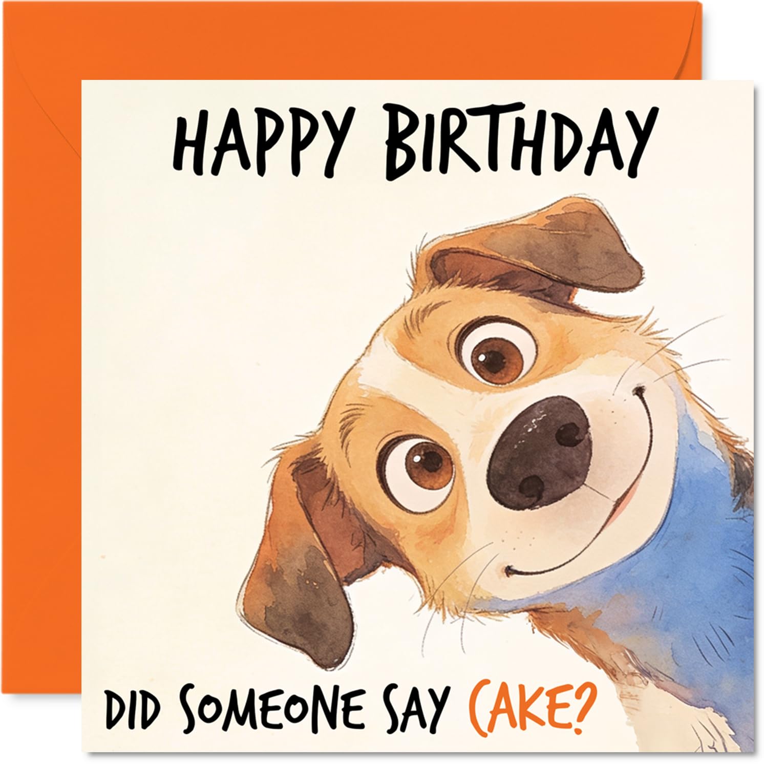 Playful Birthday Card - Cake-loving Canine Brings Birthday Giggles - Cheeky Dog Illustration with Orange Touches - 145mm Square, Envelope Included