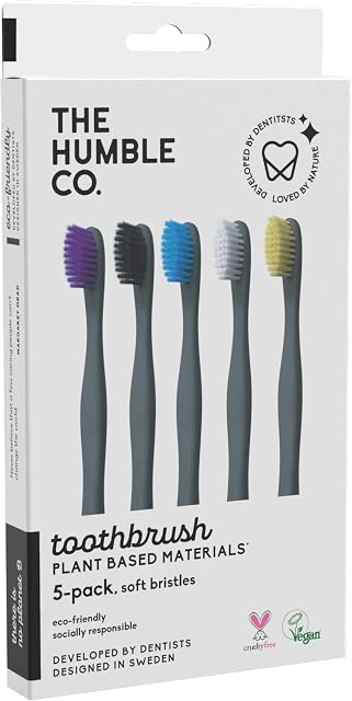 The Humble Co. Plant-Based Toothbrush Family Pack (5-p) | Sensitive Bristles | Biodegradable, Eco-Friendly, Vegan for Your Everyday Oral Care, Dentist Approved